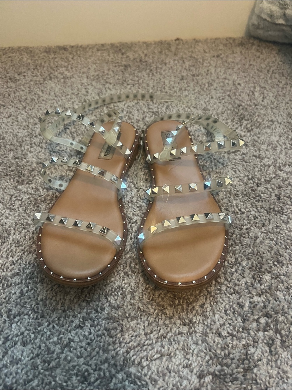 Steve Madden Clear Studded Strappy Sandals with Tan Footbed